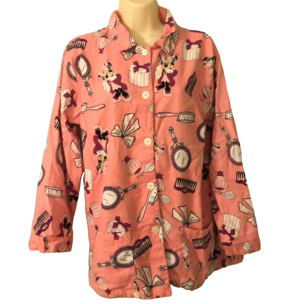 Disney Minnie Print Flannel Pajama Top Novelty Print Soft Button Up Y2K Vintage